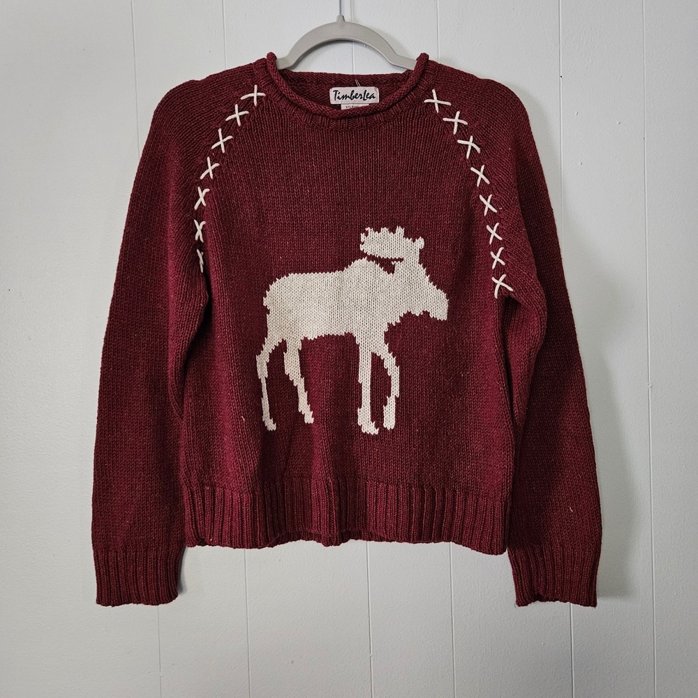 Vintage Roll Neck Sweater Womens Cotton Raime Linen Moose Winter Cabincore